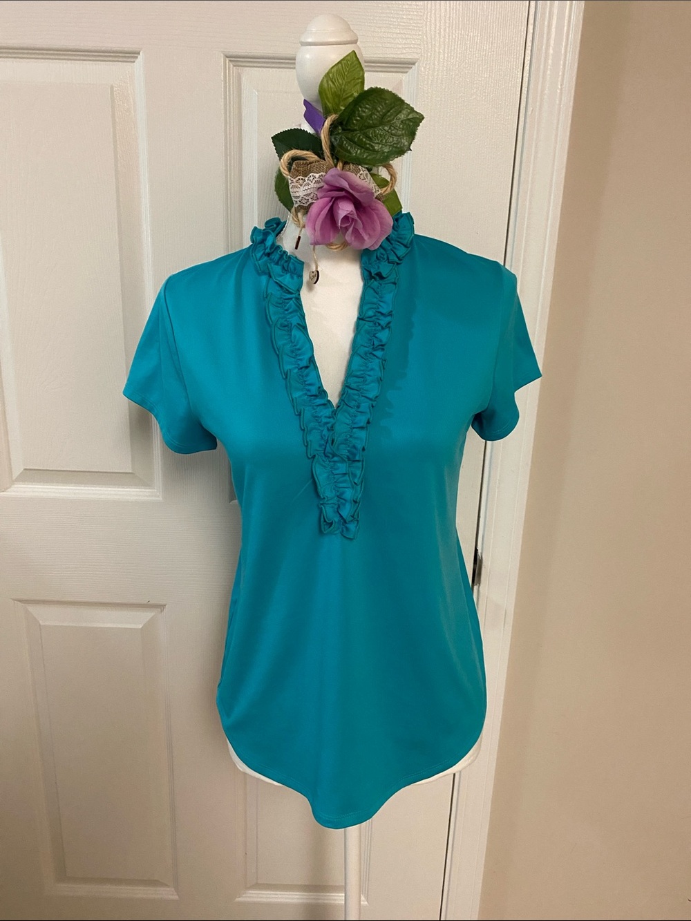 Chico's Teal Ruffle V-Neck Short Sleeve Blouse